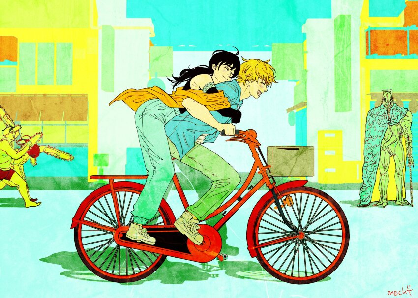 1girl, 4boys, artist_name, bicycle, black_gloves, black_hair, blonde_hair, blue_pants