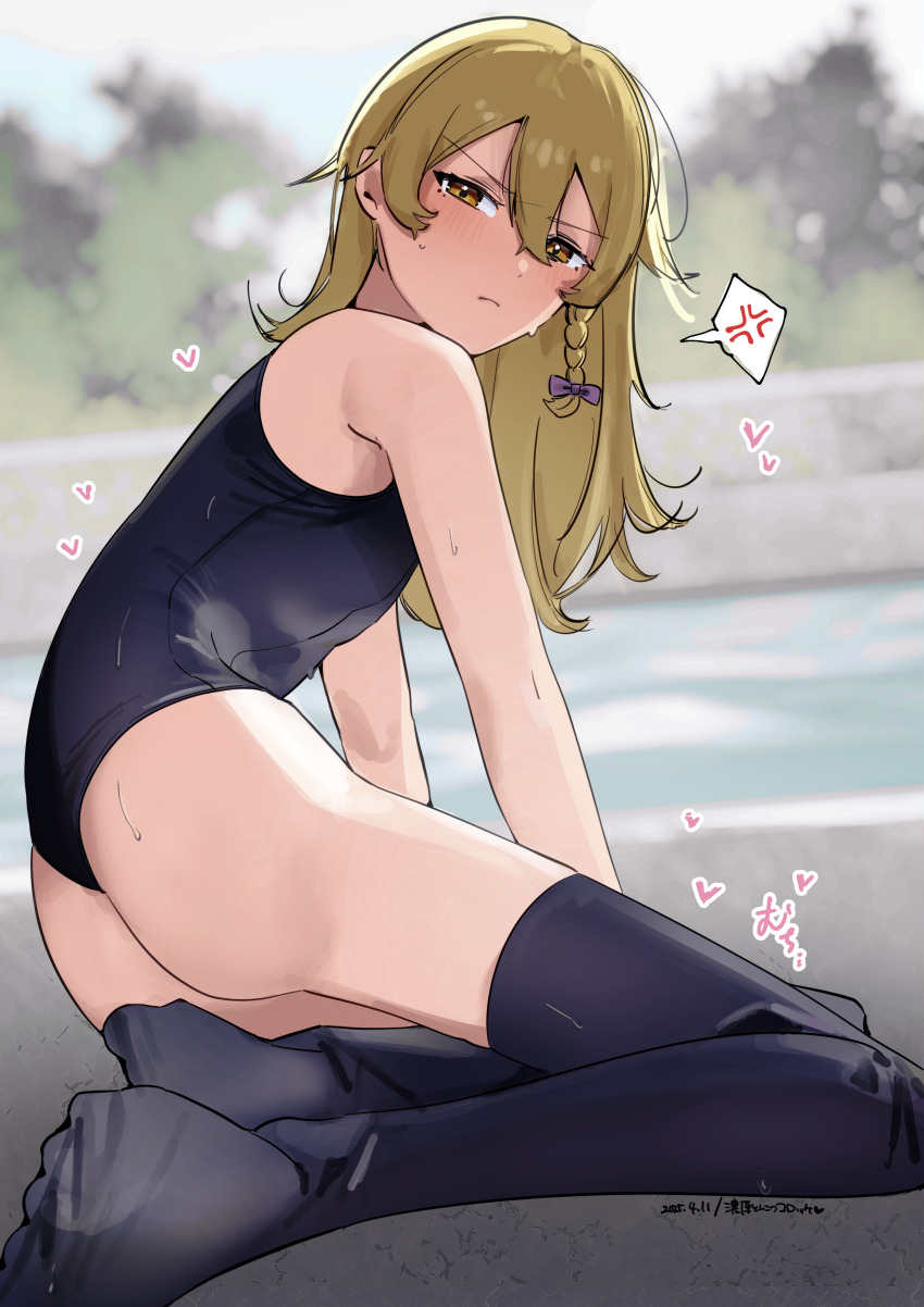 1boy, absurdres, anger_vein, ass, black_one-piece_swimsuit, black_thighhighs, blonde_hair, blurry, blurry_background, blush, braid, closed_mouth, commentary_request, cookie_(touhou), crossdressing, crossdressing_(mtf), frown, full_body, genderswap, genderswap_(ftm), highres, kirisame_marisa, long_hair, looking_at_viewer, male_focus, noukou_tonkotsu_korokke, one-piece_swimsuit, pool, poolside, rei_(cookie), side_braid, single_braid, solo, spoken_anger_vein, swimsuit, thighhighs, touhou, trap, yellow_eyes