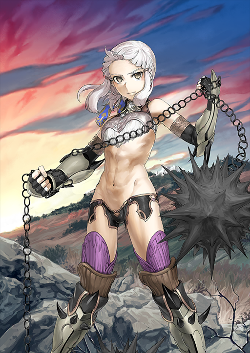 1girl, armored_boots, armored_gloves, ball_and_chain_(weapon), bare_shoulders, black_collar, black_gloves, black_shorts