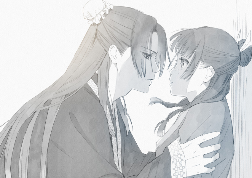1boy, 1girl, bishounen, bun_cover, eye_contact, freckles, greyscale, hair_bun