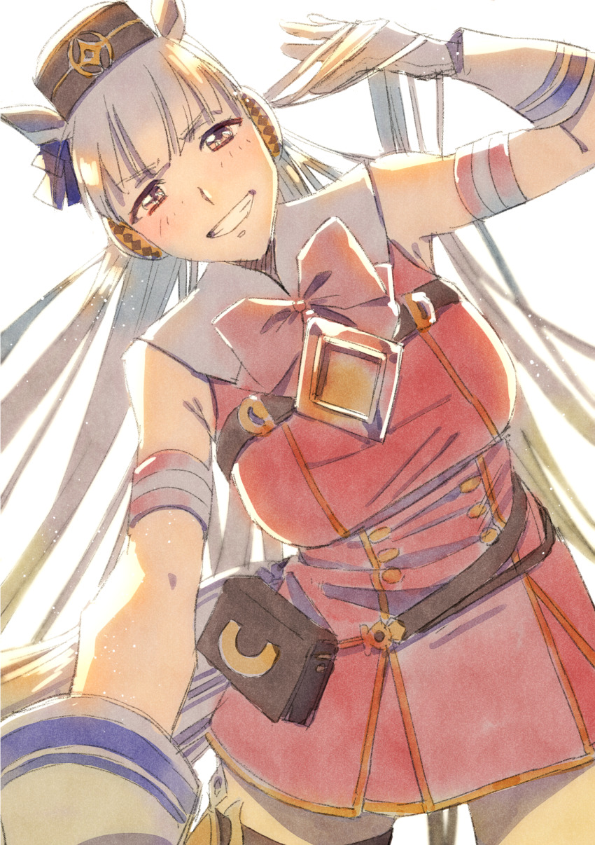 1girl, animal_ears, bag, dress, gloves, gold_ship_(red_strife)_(umamusume), gold_ship_(umamusume), grey_hair, grin, hat, highres, holding, holding_own_hair, horse_ears, horse_girl, horse_tail, kawabata_arata, long_hair, looking_at_viewer, pillbox_hat, red_dress, red_eyes, short_dress, smile, solo, sweatband, tail, umamusume, very_long_hair, white_gloves