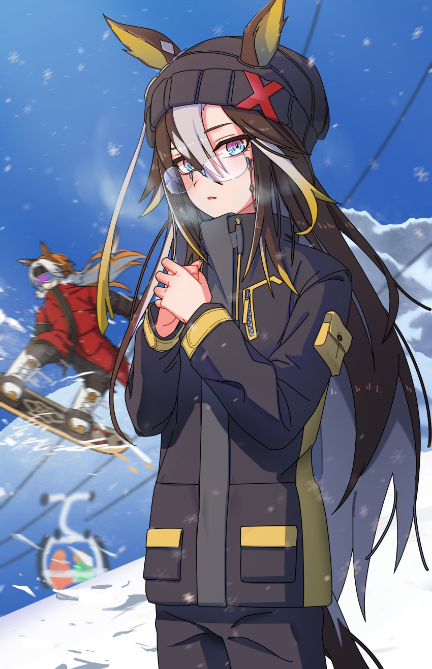 2girls, absurdres, animal_ears, beanie, black_jacket, black_pants, blonde_hair, blue_sky