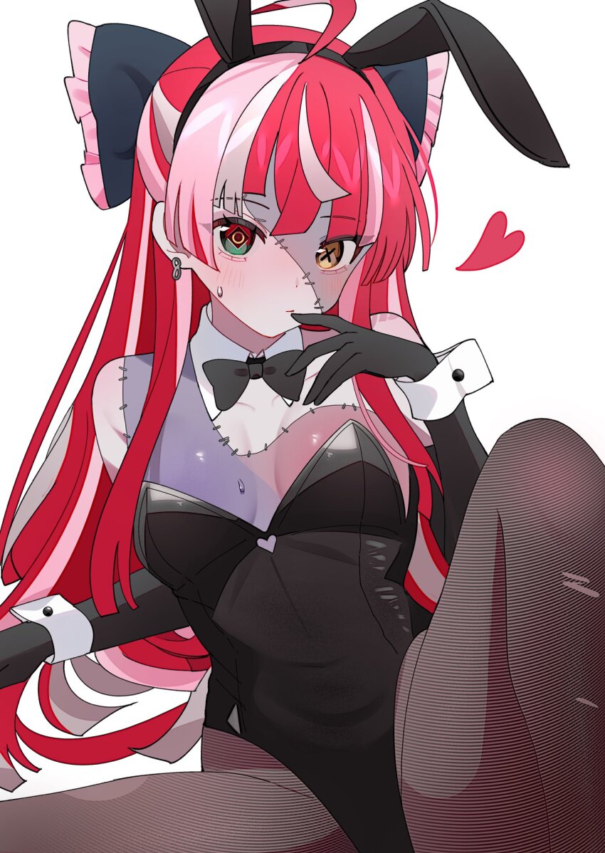 1girl, ahoge, animal_ears, arm_support, bare_shoulders, black_bow, black_bowtie, black_gloves