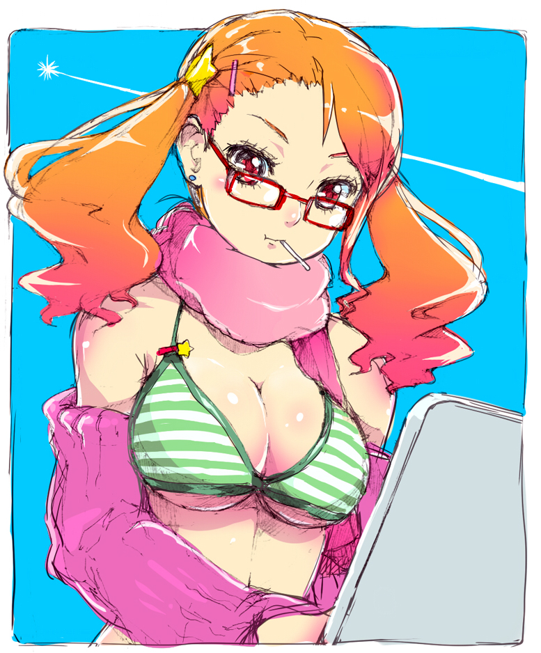 10s, 1girl, :t, anjou_naruko, ano_hi_mita_hana_no_namae_wo_bokutachi_wa_mada_shiranai., arm_warmers, bare_shoulders, bikini