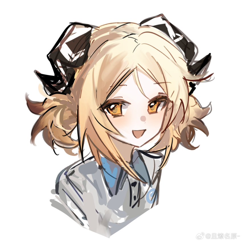 1girl, :d, arknights, black_horns, blonde_hair, chinese_commentary, commentary_request, cropped_shoulders