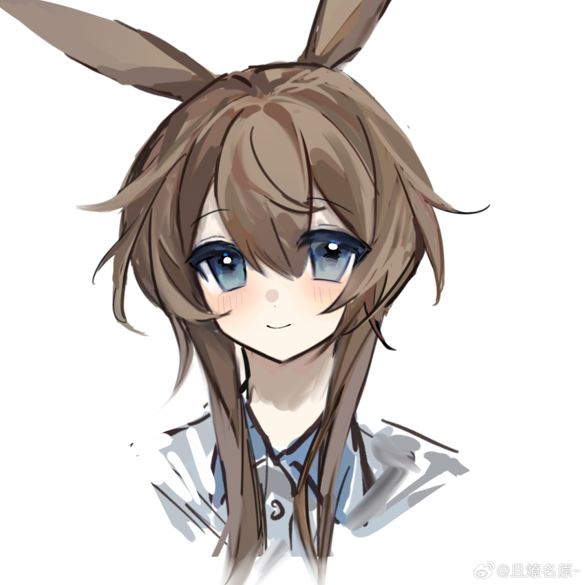 1girl, amiya_(arknights), animal_ears, arknights, blue_eyes, blush, brown_hair, chinese_commentary