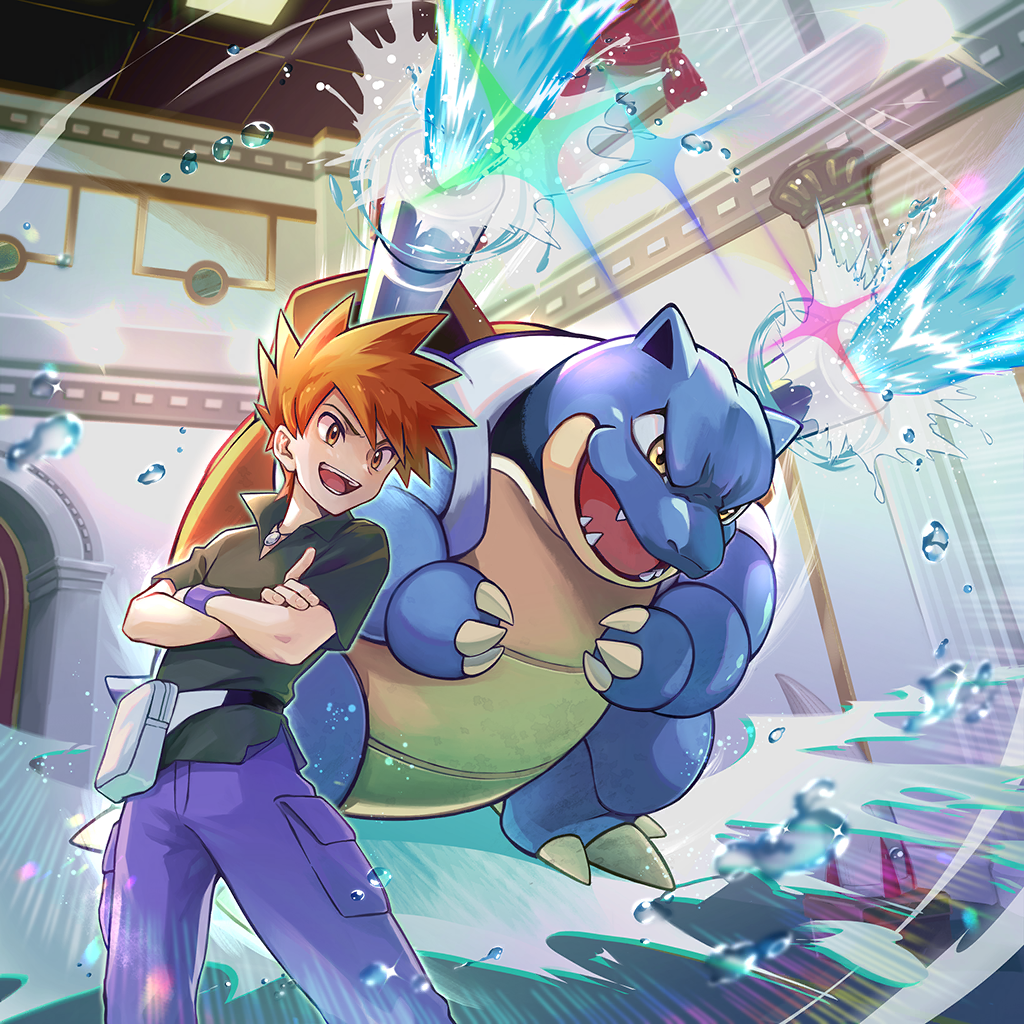1boy, :d, bag, black_shirt, blastoise, blue_oak, blue_pants, cannon