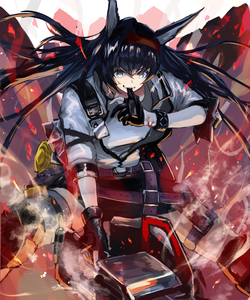 1girl, absurdres, animal_ears, arknights, biting, biting_glove, black_gloves, black_hair