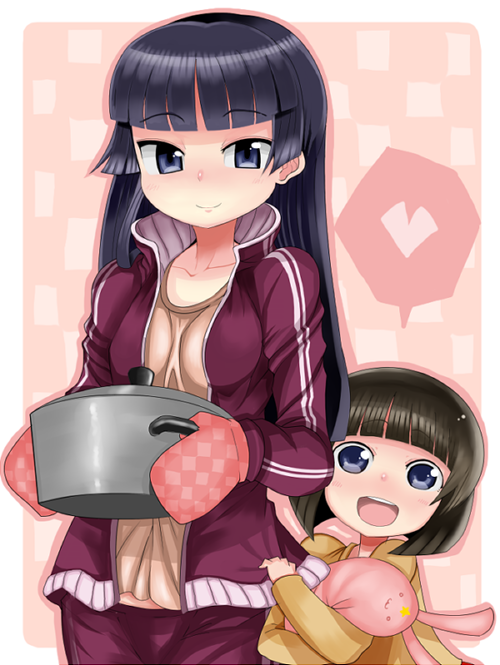 2girls, :d, bad_id, bad_pixiv_id, black_hair, blue_eyes, bob_cut, comet-kun, family_bonding, gokou_ruri, gokou_tamaki, hime_cut, kousuke102, kuzu_kow, long_hair, multiple_girls, open_mouth, ore_no_imouto_ga_konna_ni_kawaii_wake_ga_nai, oven_mitts, pot, rabbit, short_hair, siblings, sisters, smile, stuffed_toy, track_suit