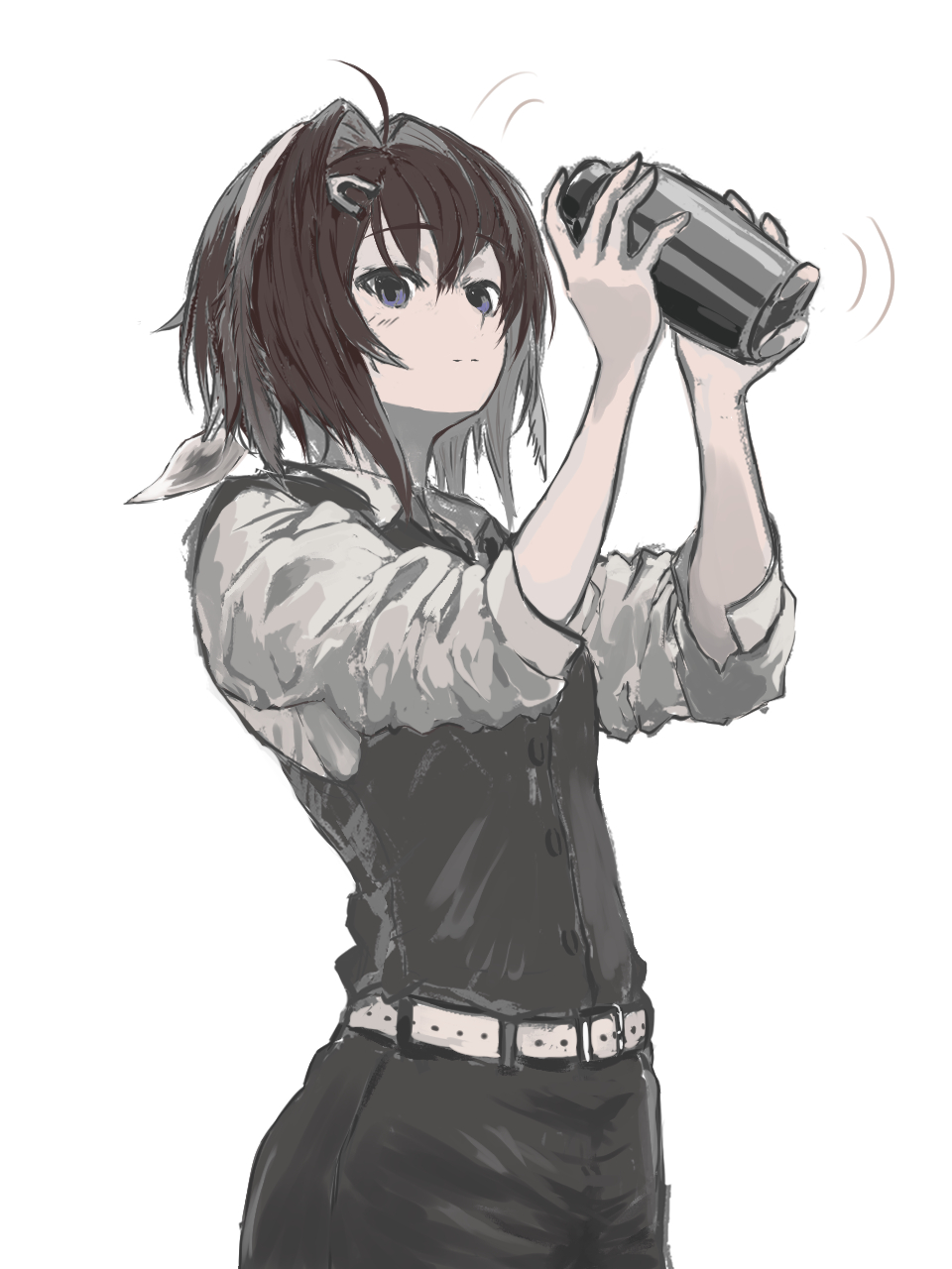 1girl, ahoge, alternate_costume, arknights, bartender, belt, belt_buckle, black_hair