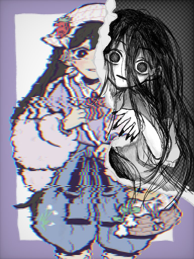 2girls, alternate_costume, bag, black_eyes, black_hair, blush, bright_pupils, character_doll