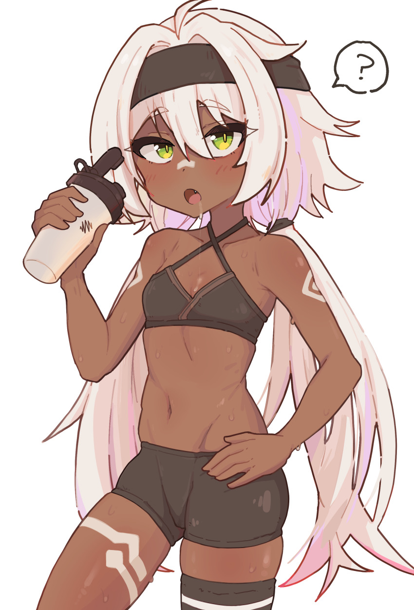 1girl, :o, absurdres, bare_shoulders, black_headband, black_shorts, commentary, criss-cross_halter, crop_top, dark-skinned_female, dark_skin, fang, genshin_impact, green_eyes, hair_intakes, halterneck, hand_on_own_hip, hand_up, headband, highres, holding, iansan_(genshin_impact), long_hair, looking_at_viewer, low_twintails, midriff, navel, open_mouth, risonakamo, short_shorts, shorts, simple_background, solo, sports_bra, stomach, thighs, twintails, very_long_hair, white_background, white_hair
