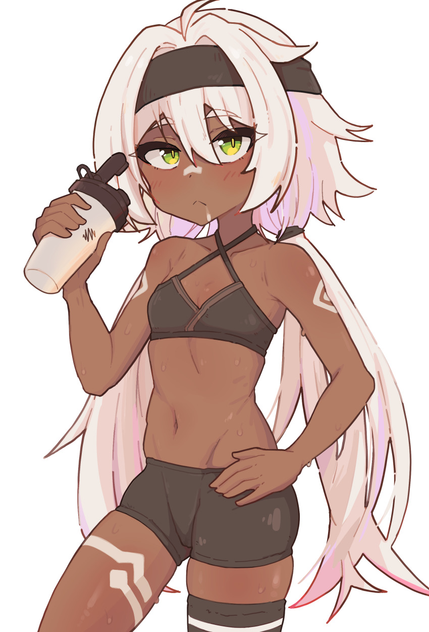 1girl, absurdres, bare_shoulders, black_headband, black_shorts, commentary, criss-cross_halter, crop_top, dark-skinned_female, dark_skin, genshin_impact, green_eyes, hair_intakes, halterneck, hand_on_own_hip, hand_up, headband, highres, holding, iansan_(genshin_impact), long_hair, looking_at_viewer, low_twintails, midriff, navel, risonakamo, short_shorts, shorts, simple_background, solo, sports_bra, stomach, thighs, twintails, very_long_hair, white_background, white_hair