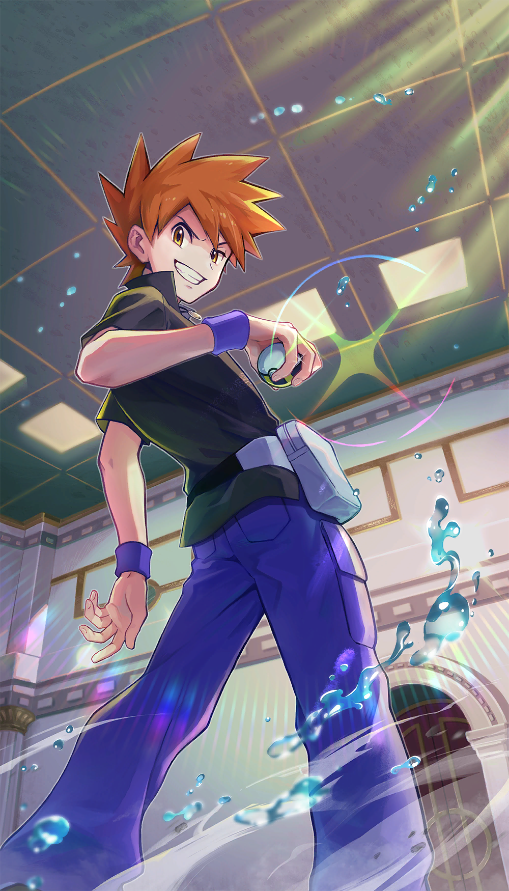 1boy, bag, black_shirt, blue_oak, blue_pants, collared_shirt, grin, highres, holding, holding_poke_ball, indoors, male_focus, matsuno_tika, nintendo, official_art, orange_eyes, orange_hair, pants, poke_ball, pokemon, pokemon_firered_and_leafgreen, pokemon_tcg, pokemon_tcg_pocket, shirt, short_hair, short_sleeves, smile, solo, spiked_hair, teeth, third-party_source, ultra_ball, water_drop, white_bag