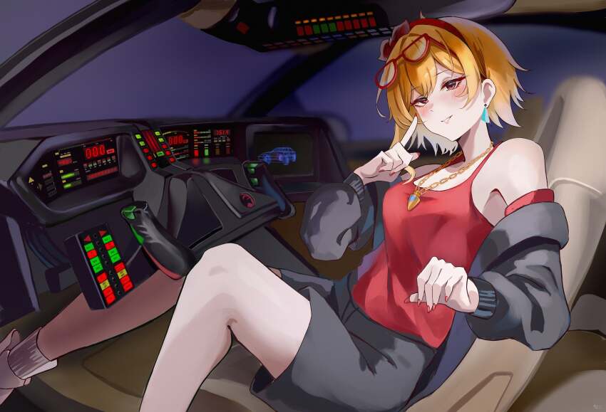 1girl, absurdres, alternate_costume, bandana, bare_shoulders, black_jacket, black_shorts, blonde_hair