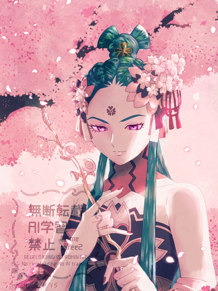 1girl, bare_shoulders, branch, cherry_blossoms, closed_mouth, commentary_request, demon_(megami_tensei), eyelashes