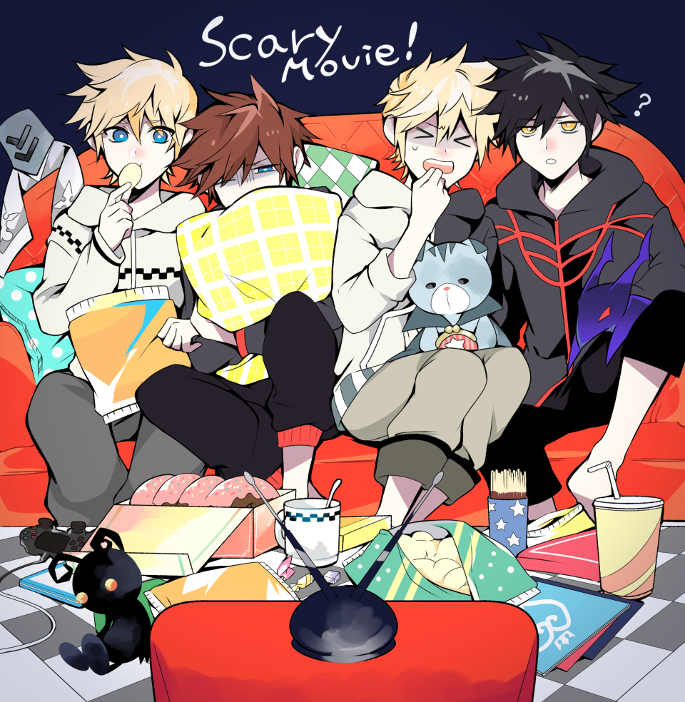 >_<, 4boys, ?, akts_0714, alternate_costume, bag_of_chips, barefoot, black_hoodie