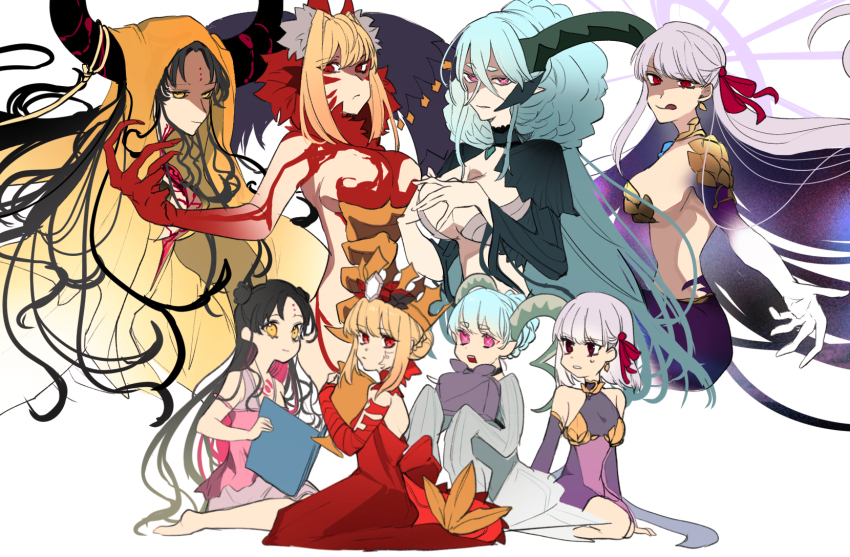 4girls, aged_down, aged_up, armor, bikini_armor, black_hair, blonde_hair, breasts, demon_girl, demon_horns, dragon_girl, dragon_horns, dress, fate/grand_order, fate_(series), halo, highres, horns, kama_(adult)_(fate), kama_(assassin)_(first_ascension)_(fate), kama_(assassin)_(third_ascension)_(fate), kama_(beast_iii/l)_(fate), kama_(fate), kama_(first_ascension)_(fate), kama_(third_ascension)_(fate), kama_(young)_(fate), kuriimu0203, large_breasts, larva_tiamat_(fate), long_hair, looking_at_viewer, multiple_girls, nero_claudius_(fate), queen_draco_(beast_vi/s)_(fate), queen_draco_(fate), queen_draco_(first_ascension)_(fate), sessyoin_kiara, sessyoin_kiara_(beast_iii/r), sessyoin_kiara_(heaven's_hole), sessyoin_kiara_(lily), tiamat_(fate), tiamat_(third_ascension)_(fate/grand_order), very_long_hair, white_hair, yellow_dress