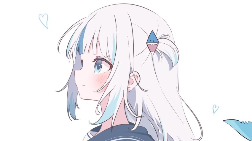 1girl, blue_eyes, blue_hair, blunt_bangs, cropped, fins, fish_tail, from_side, gawr_gura, gawr_gura_(1st_costume), hair_ornament, heart, highres, hololive, hololive_english, looking_at_viewer, medium_hair, multicolored_hair, ryu160303, second-party_edit, second-party_source, shark_girl, shark_hair_ornament, shark_tail, sharp_teeth, smile, solo, streaked_hair, tail, teeth, virtual_youtuber, white_hair