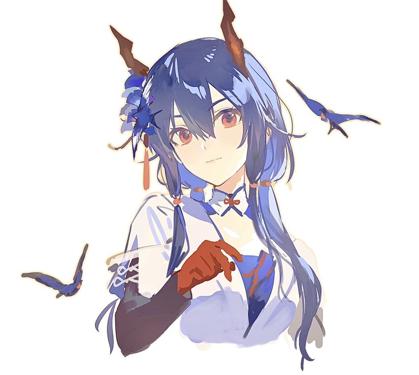 1girl, arknights, blue_hair, brown_eyes, brown_gloves, brown_horns, ch'en_(ambience_synesthesia_2025)_(arknights), ch'en_(arknights)