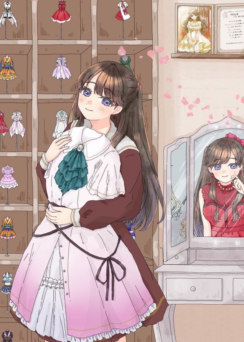 3girls, anyoji_hime, aurora_flower_(love_live!), bare_shoulders, black_dress, black_ribbon, blonde_hair, blue_dress