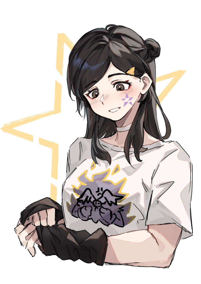 1girl, absurdres, alternate_costume, annihilape, black_gloves, brown_eyes, cropped_torso, dafenpipixia