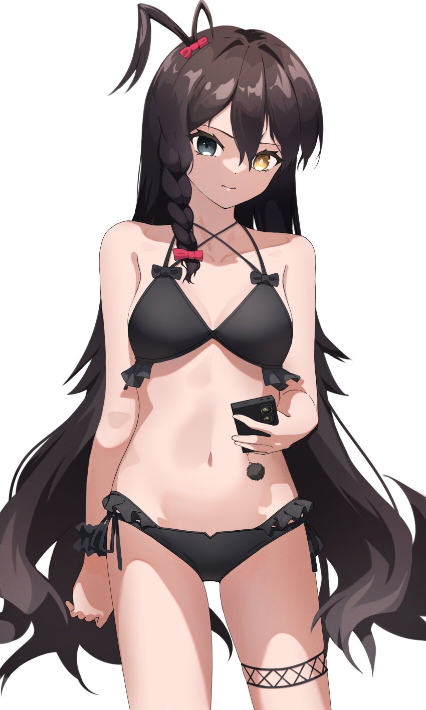 1girl, absurdres, ahrara, arm_behind_back, bikini, black_bikini, blue_eyes, braid