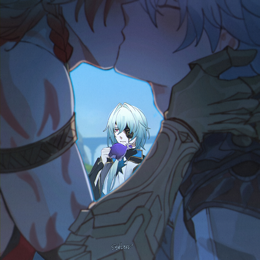 3boys, anaxa_(honkai:_star_rail), aqua_eyes, aqua_hair, arm_tattoo, armlet, blonde_hair, blue_sky