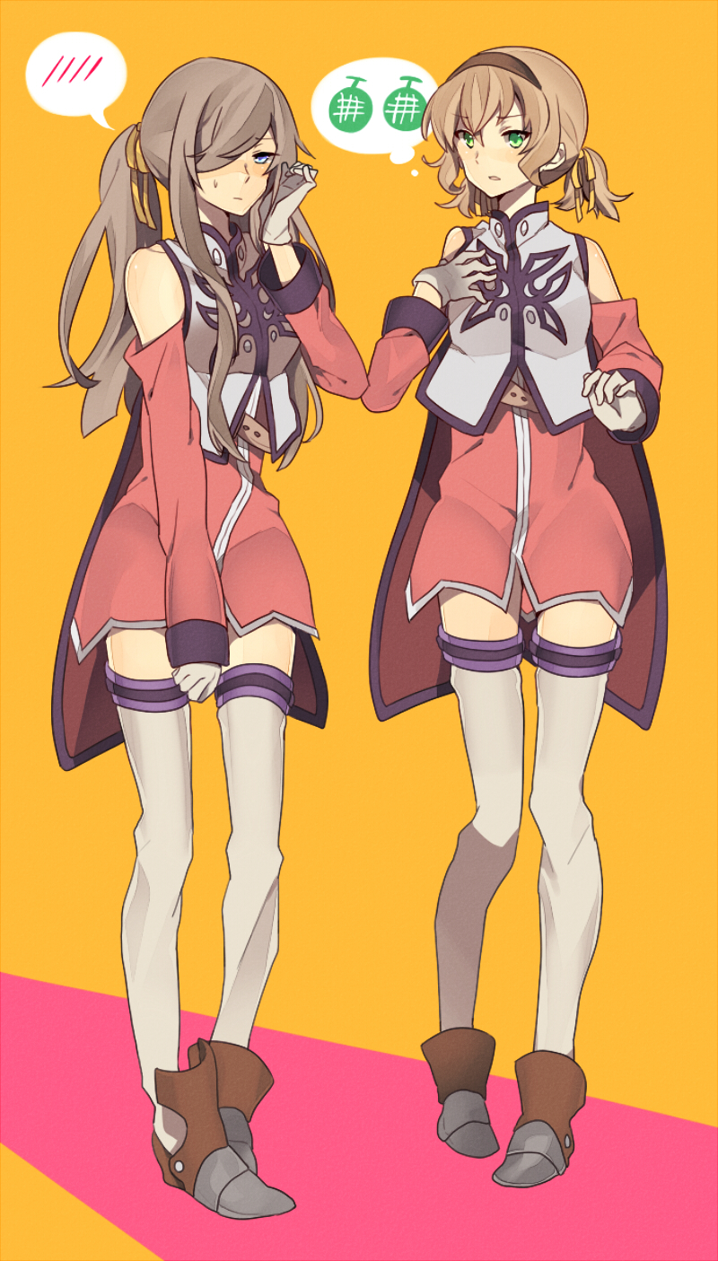 2girls, alternate_hairstyle, anise_tatlin, anise_tatlin_(cosplay), bad_id, bad_pixiv_id, blonde_hair, blue_eyes, breast_envy, brown_hair, cape, cosplay, extpil, full_body, gloves, green_eyes, hair_over_one_eye, hairband, highres, long_hair, mota_(extpil), multiple_girls, natalia_luzu_kimlasca_lanvaldear, ponytail, shoes, short_hair, skirt, tales_of_(series), tales_of_the_abyss, tear_grants, thighhighs, white_gloves, white_legwear