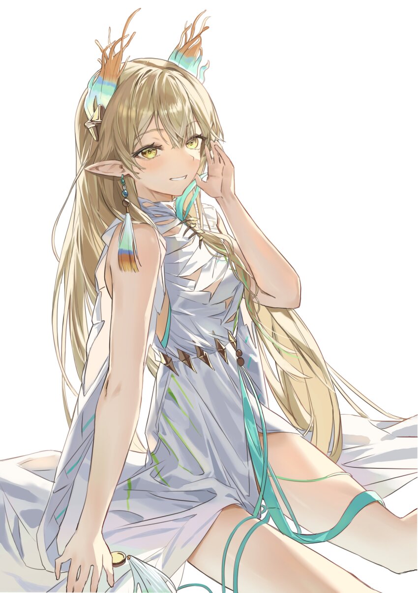 1girl, :d, absurdres, arknights, arm_up, bare_shoulders, blonde_hair, blush