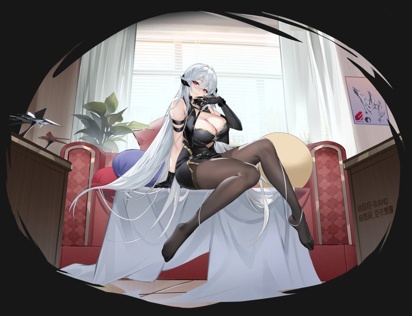 1girl, absurdres, ace_combat, arm_support, bare_shoulders, black_dress, black_gloves, black_pantyhose