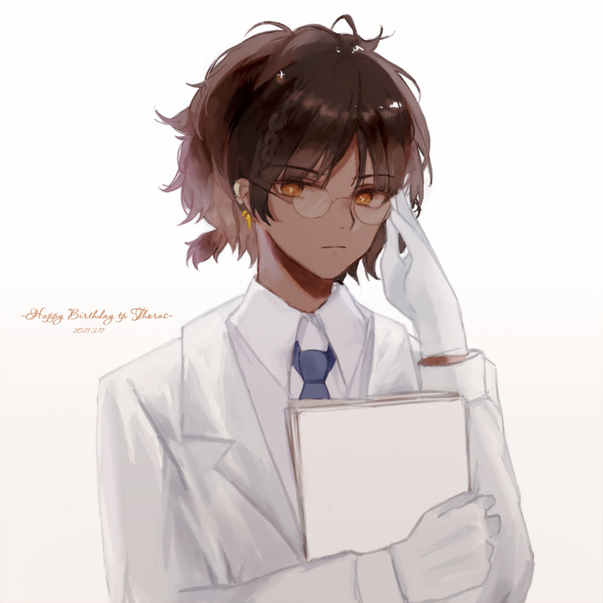 1boy, adjusting_eyewear, arknights, blue_necktie, brown_hair, chand, character_name, chinese_commentary