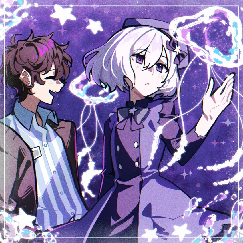 1boy, 1girl, almond_(dreamfarer), beret, brown_hair, brown_sweater, commentary, dreamfarer