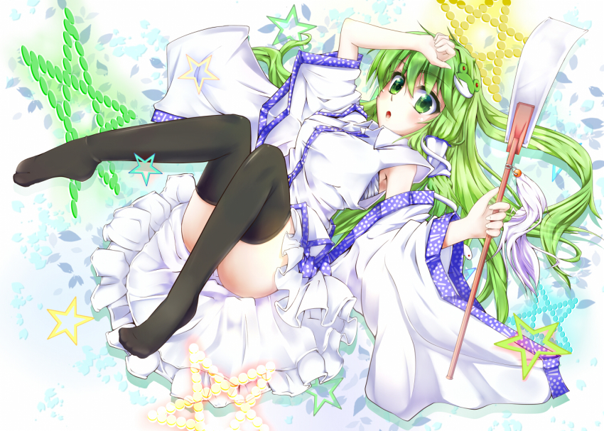 1girl, detached_sleeves, female_focus, frog, gohei, green_eyes, green_hair, hair_ornament