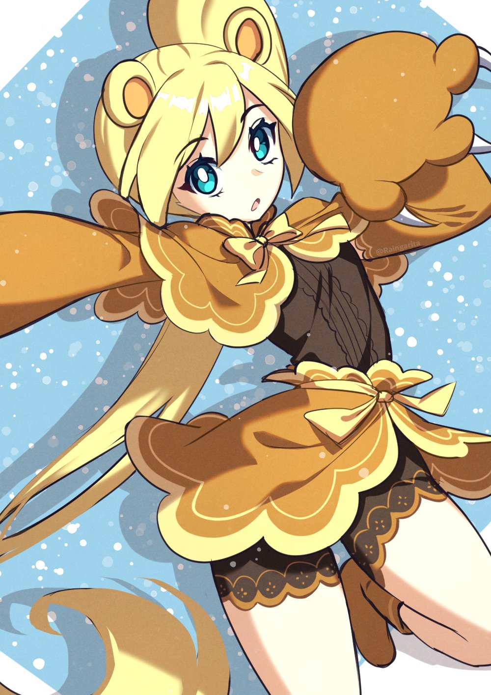 1girl, animal_ears, bear_ears, bear_girl, bear_paws, blonde_hair, blue_eyes, boots, brown_shorts, bubbles_(seleri's_lament), capelet, high_side_ponytail, highres, long_hair, orange_boots, orange_capelet, raingarita, seleri's_lament, shorts, side_ponytail