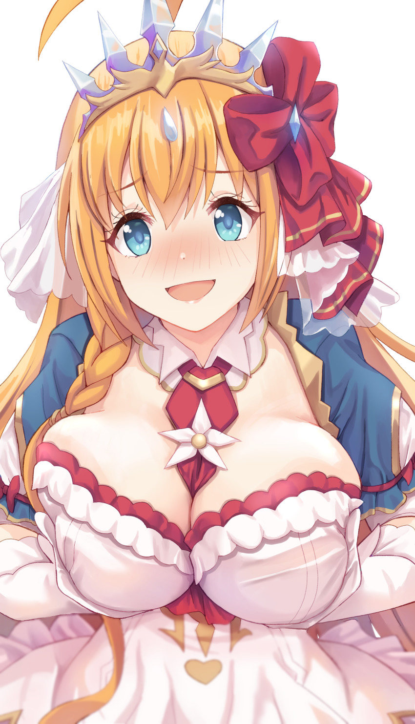 1girl, absurdres, ahoge, ascot, between_breasts, blue_eyes, blue_sleeves, braid