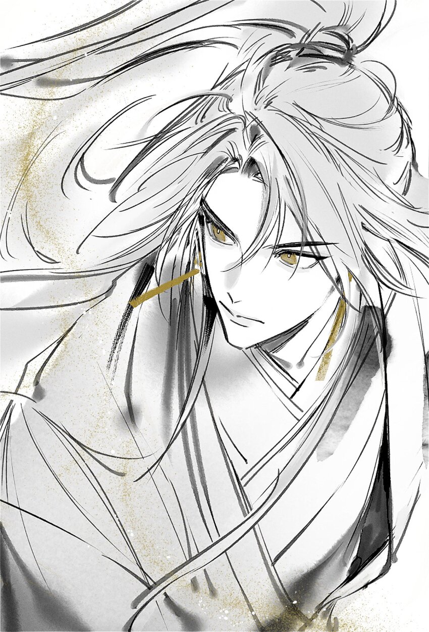 1boy, chinese_clothes, closed_mouth, earrings, gold_earrings, half_updo, hanfu, high_ponytail, highres, ireumeulchugahaseyo, jewelry, jinhongi, korean_commentary, long_hair, looking_ahead, male_focus, partially_colored, ponytail, solo, spot_color, upper_body, yellow_eyes, zaha