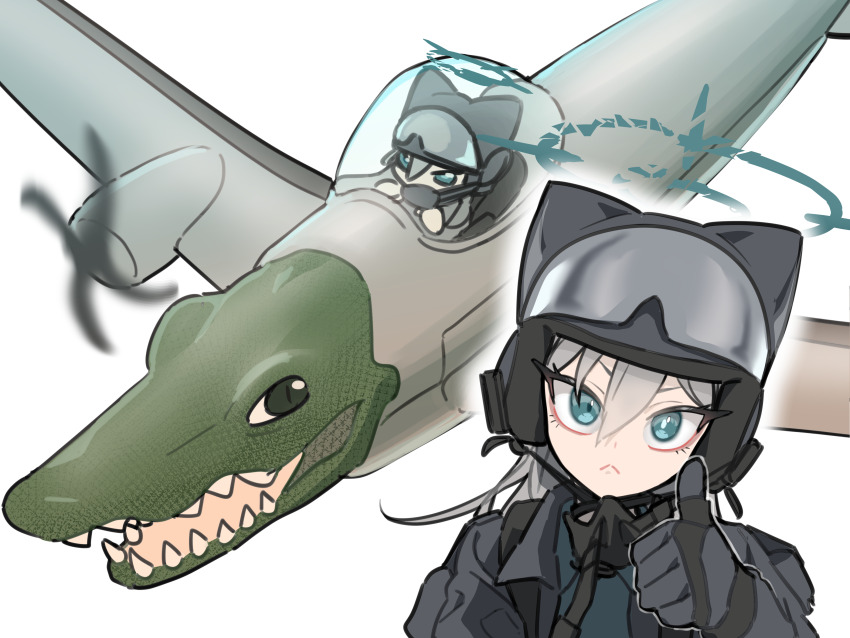 1girl, absurdres, ai-generated_art_(topic), aircraft, airplane, blue_archive, blue_eyes, bombardiro_crocodilo