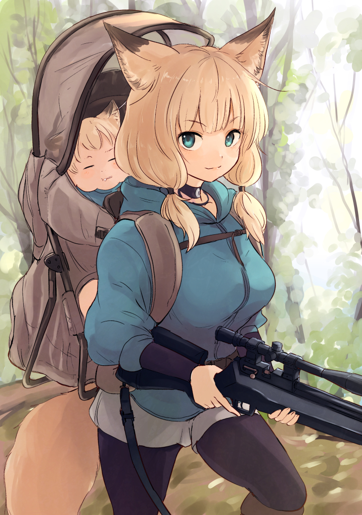 1boy, 1girl, animal_ears, armlet, baby_carrier, batta_(kanzume_quality), black_leggings, blonde_hair