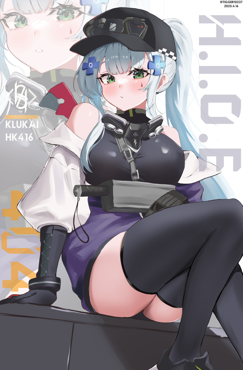 1girl, absurdres, arm_support, bare_shoulders, baseball_cap, black_gloves, black_hat, black_leotard