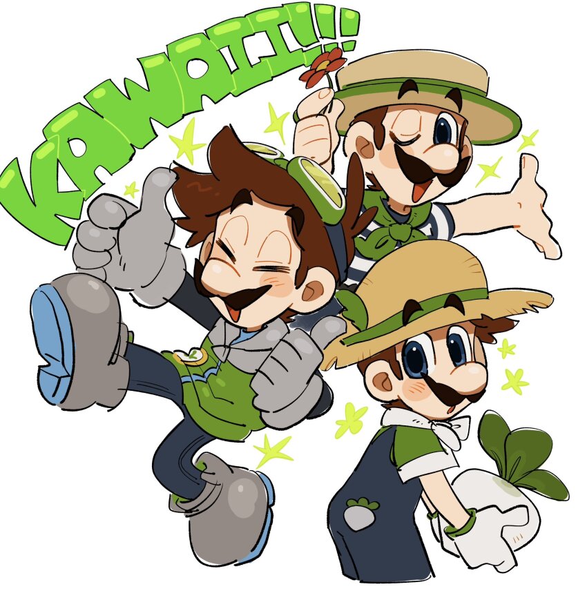 3boys, ascot, biker_clothes, blue_eyes, blue_overalls, brown_hair, closed_eyes, cropped_legs, english_text, facial_hair, farmer, flower, food, full_body, gloves, goggles, goggles_on_head, green_ascot, green_jacket, green_shirt, hat, highres, holding, holding_flower, holding_food, holding_vegetable, jacket, long_sleeves, luigi, luigi_(farmer), luigi_(gondolier), luigi_(touring), male_focus, mario_(series), mario_kart, mario_kart_world, mimimi_(mimimim9999), multiple_boys, mustache, nintendo, one_eye_closed, open_mouth, overalls, shirt, shoes, short_hair, short_sleeves, simple_background, smile, star_(symbol), straw_hat, striped_clothes, striped_shirt, thumbs_up, turnip, upper_body, vegetable, white_background