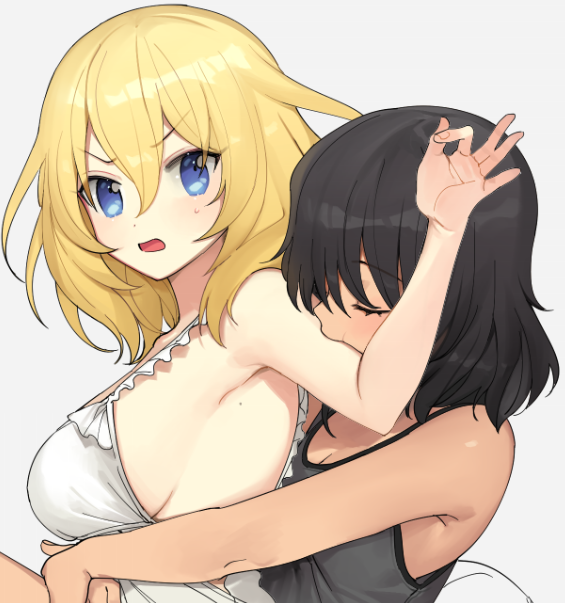 2girls, andou_(girls_und_panzer), biting_another's_arm, breasts, closed_eyes, girls_und_panzer, hug, looking_at_viewer, medium_breasts, medium_hair, multiple_girls, ok_sign, oshida_(girls_und_panzer), sleepwear, tan_(inka)