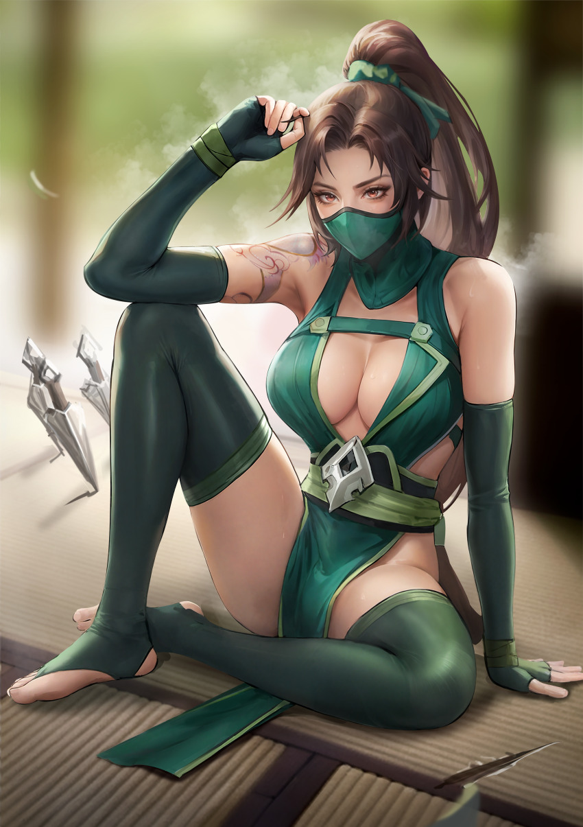 1girl, absurdres, akali, akali_(legacy), arm_on_knee, arm_support, arm_tattoo, blurry