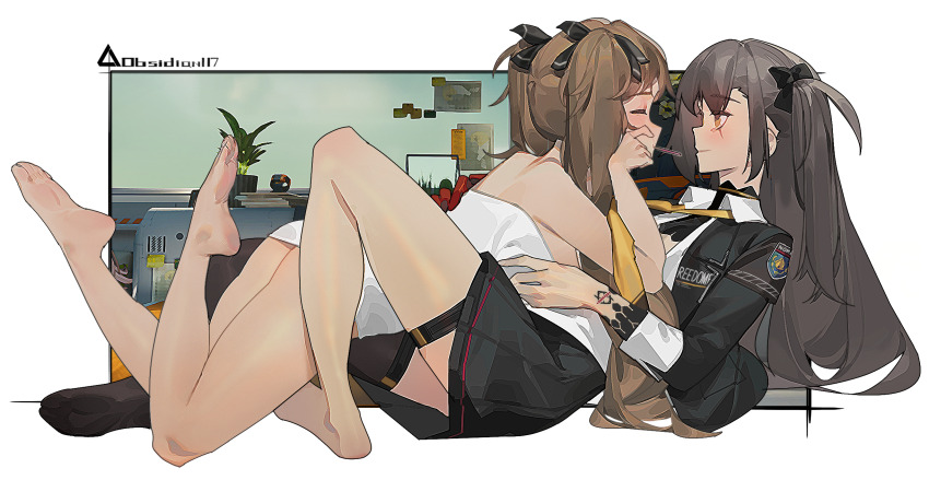 2girls, artist_name, barefoot, black_bow, black_jacket, black_skirt, black_thighhighs, blush