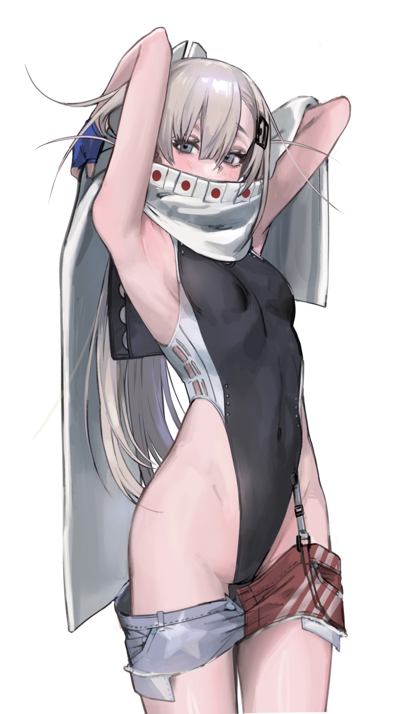 1girl, absurdres, american_flag, american_flag_print, american_flag_skirt, armpits, arms_behind_head, arms_up