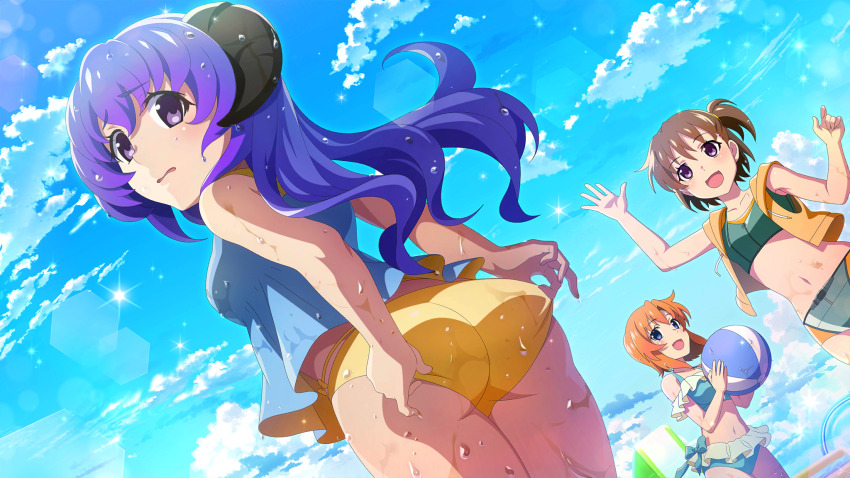 3girls, :d, adjusting_clothes, adjusting_swimsuit, akasaka_miyuki, arm_up, ass, ball, beachball, bikini, blue_bikini, blue_eyes, blue_sky, brown_hair, cloud, cowboy_shot, cumulonimbus_cloud, dutch_angle, frilled_bikini, frills, from_behind, from_below, game_cg, hair_between_eyes, hanyuu, highres, higurashi_no_naku_koro_ni, higurashi_no_naku_koro_ni_mei, holding, holding_ball, holding_beachball, horns, lens_flare, long_hair, looking_at_viewer, looking_back, multicolored_bikini, multiple_girls, navel, non-circular_lens_flare, non-web_source, official_art, one_side_up, open_mouth, orange_hair, outdoors, parted_lips, pool, purple_eyes, purple_hair, ryuuguu_rena, short_hair, sky, smile, sparkle, standing, summer, swimsuit, wavy_mouth, wet, wet_hair