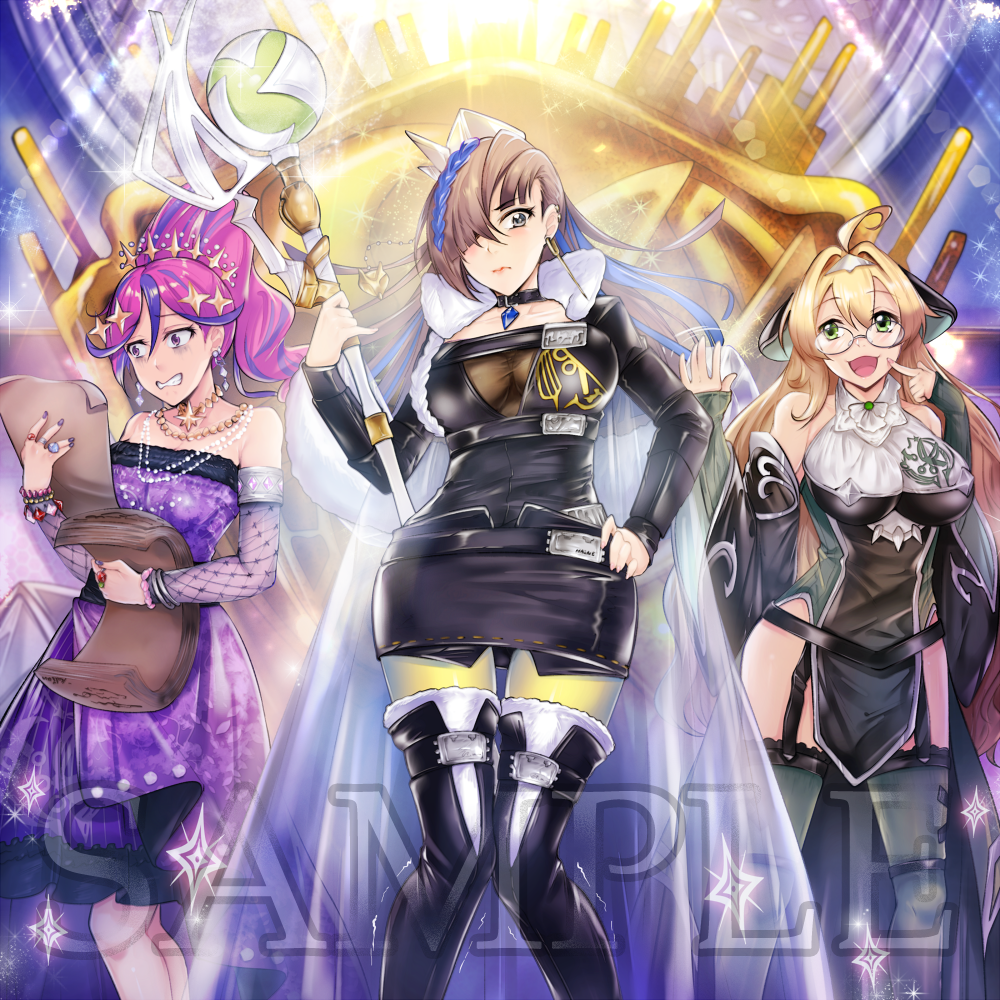 3girls, ahoge, bare_shoulders, black_thighhighs, blue_hair, blush, breasts, brown_hair