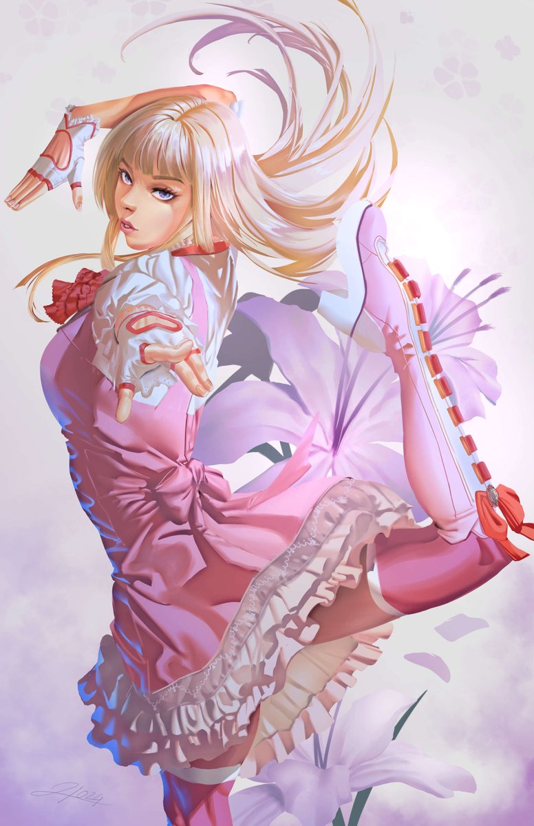 1girl, blonde_hair, blue_eyes, boots, breasts, emilie_de_rochefort, fingerless_gloves, flower, from_side, gloves, hqas, lips, long_hair, looking_at_viewer, standing, standing_on_one_leg, tekken, tekken_8