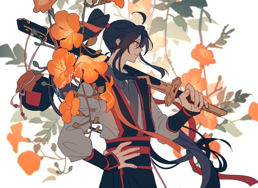 1boy, ahoge, alternate_costume, black_hair, black_hanfu, chinese_clothes, closed_mouth, flower