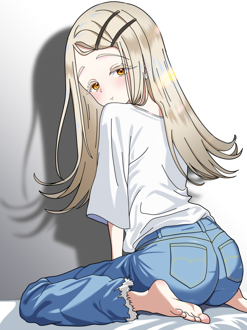 1girl, absurdres, alternate_costume, ass, barefoot, blonde_hair, blush, colored_eyelashes